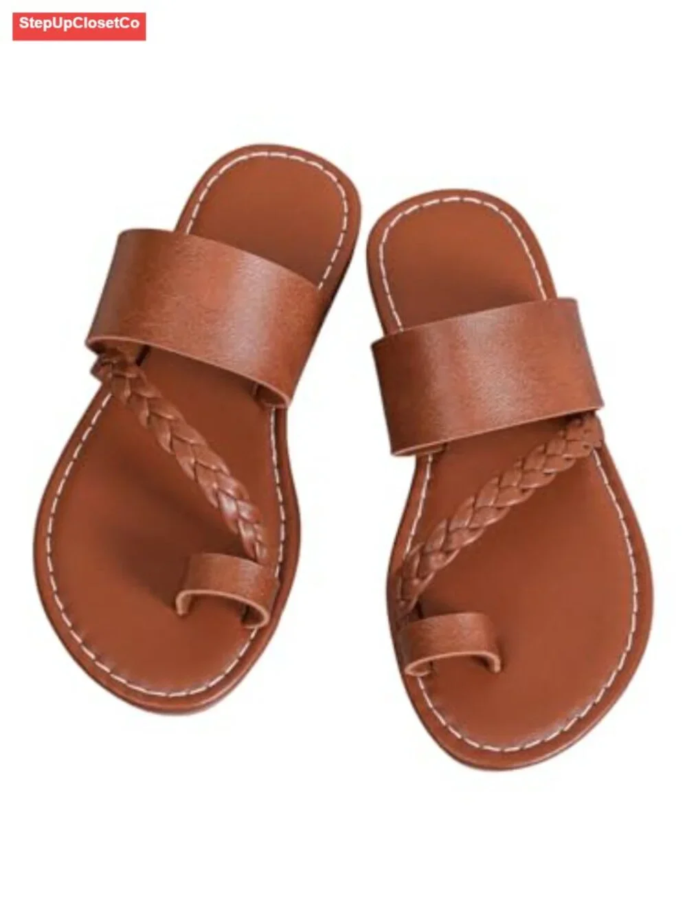 Girl's Strappy Leather Flats Sandal Braided Toe Ring Slip On Slide Sandals